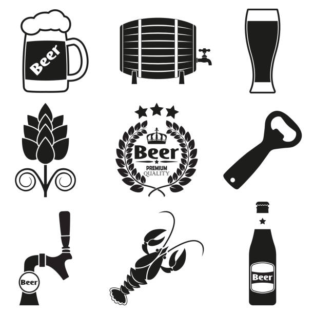 ilustrações, clipart, desenhos animados e ícones de ícone da cerveja ajustado com frasco de cerveja, torneira, abridor, caneca. ilustração do vetor. - 2653