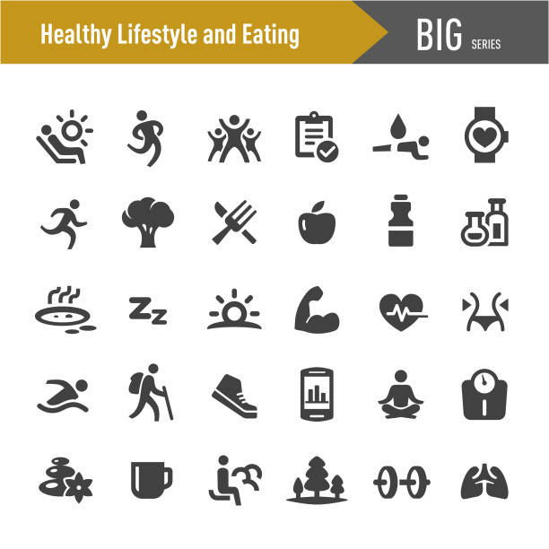 illustrazioni stock, clip art, cartoni animati e icone di tendenza di icone salutari per lo stile di vita e il mangiare - grande serie - benessere