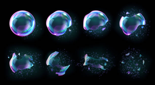 взрыв мыльных радужных пузырей с отражениями - sphere glass bubble three dimensional shape stock illustrations