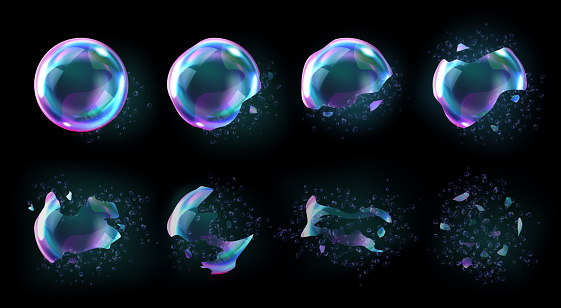 Bursting soap bubbles process stages, realistic transparent exploding air spheres of rainbow colors with reflections and highlights, isolated on checkered background, set of vector illustrations