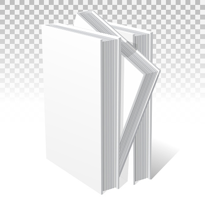 Three white hardcover books. Standing on the table next to me, one leaned over. Template - Layout for your business, creative illustration. Isolated on transparent background. Vector