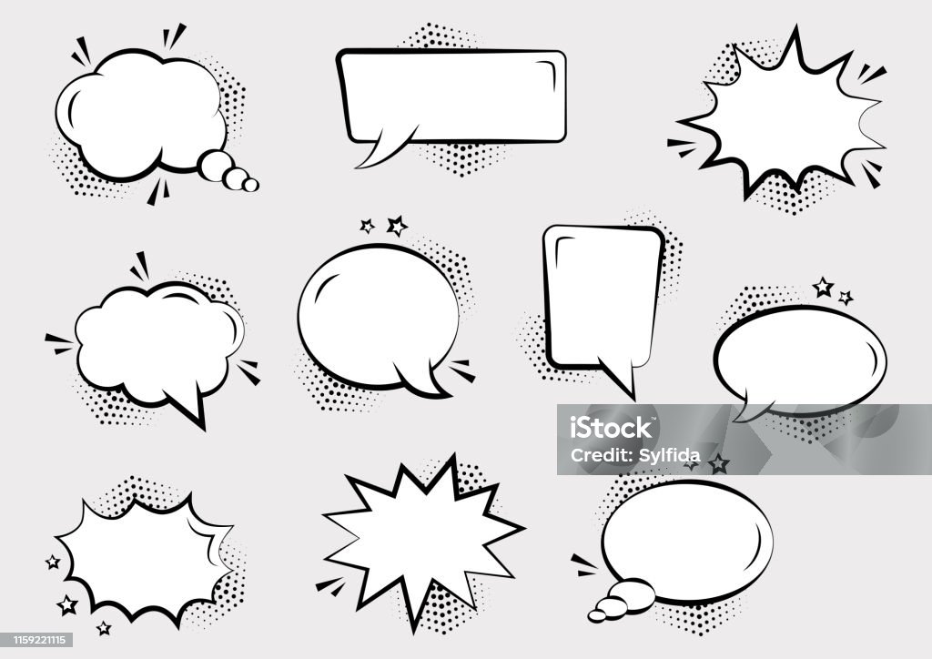 Set of empty comic speech bubbles different shapes with halftone shadows and stars. Comic sound effects in pop art style. Vector illustration Set of empty comic speech bubbles different shapes with halftone shadows and stars, hand drawn. Comic sound effects in pop art style. Vector illustration Comic Book stock vector
