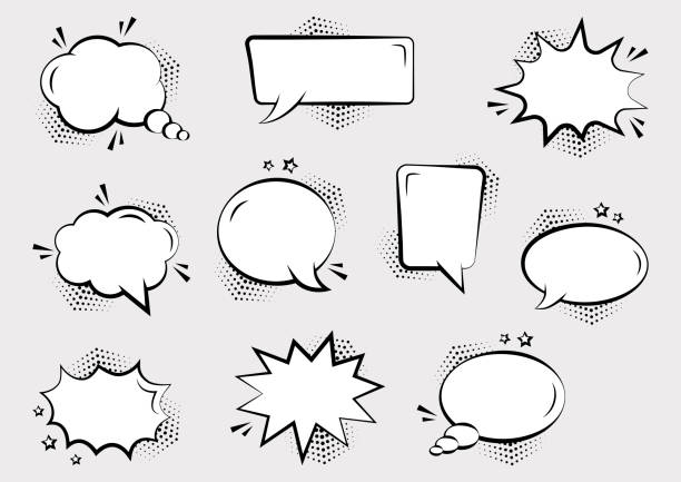 Set of empty comic speech bubbles different shapes with halftone shadows and stars. Comic sound effects in pop art style. Vector illustration Set of empty comic speech bubbles different shapes with halftone shadows and stars, hand drawn. Comic sound effects in pop art style. Vector illustration comic stock illustrations