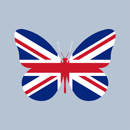 UK flag in the shape of a Butterfly. British Union Jack icon. England and Great Britain national symbol. Vector illustration.