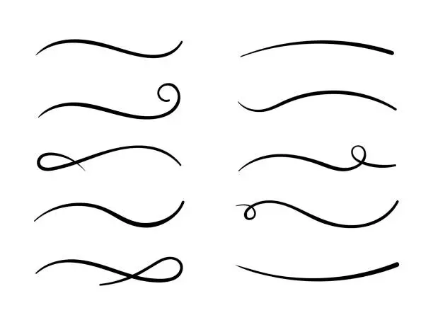 Vector illustration of Hand drawn collection of curly swishes, swashes, swoops. Calligraphy swirl. Highlight text elements