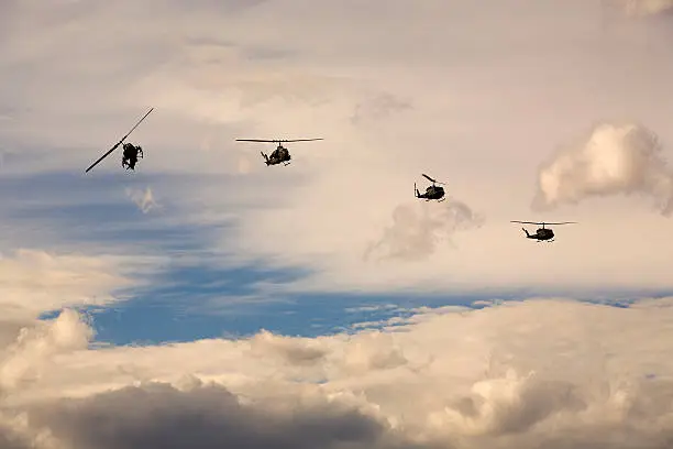 Two Cobra and two Huey helicopters inbound. Number five of a five shot series.  