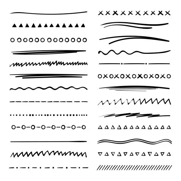 Vector illustration of Handmade collection set of underline strokes in marker brush doodle style. Various Shapes. Vector graphic design