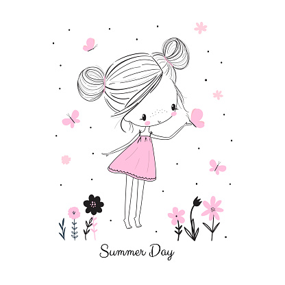 Little girl with butterflies and flowers in pink dress. Childish doodle drawing vector illustration. Use for girlish surface designs, fabric print, card, fashion kids wear, baby shower, wall art