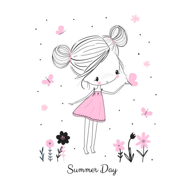 Little girl with butterflies and flowers. Doodle drawing vector illustration Little girl with butterflies and flowers in pink dress. Childish doodle drawing vector illustration. Use for girlish surface designs, fabric print, card, fashion kids wear, baby shower, wall art cute girl stock illustrations