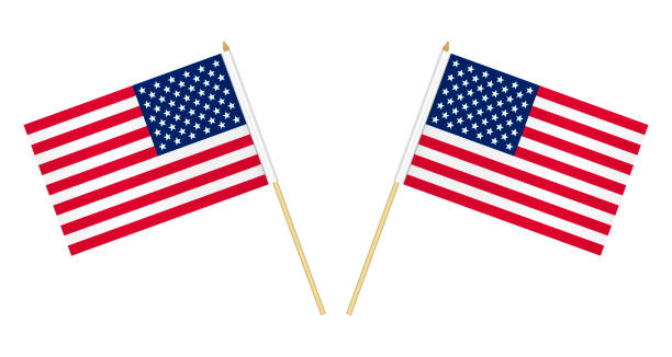 zwei us-flaggen isoliert auf weißem hintergrund, vektor-illustration. usa-flagge auf pole - holzstock stock-grafiken, -clipart, -cartoons und -symbole