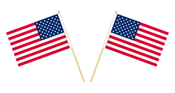 dwie flagi usa izolowane na białym tle, ilustracja wektorowa. flaga usa na słupie - flag stick stock illustrations