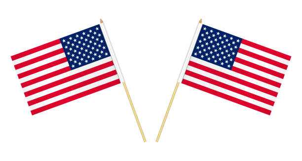 bildbanksillustrationer, clip art samt tecknat material och ikoner med två amerikanska flaggor isolerade på vit bakgrund, vektor illustration. usa flagga på stolpe - pinne