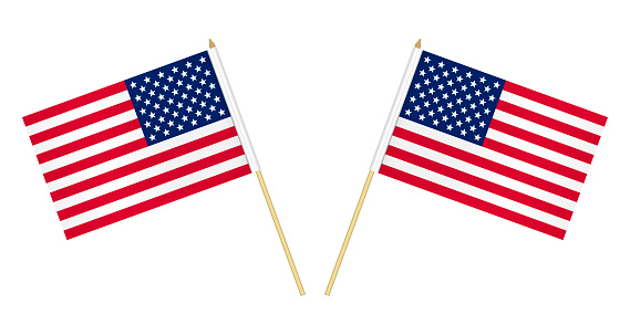 Two US flags isolated on white background, vector illustration. USA flag on pole.