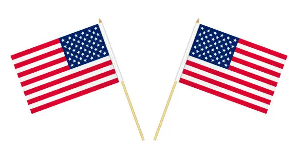 Vector illustration of Two US flags isolated on white background, vector illustration. USA flag on pole