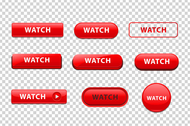 vektör şablon dekorasyon ve şeffaf arka planda kapsayan web sitesi mockup için watch logosu gerçekçi izole kırmızı düğmeler seti. - basmalı düğme illüstrasyonlar stock illustrations