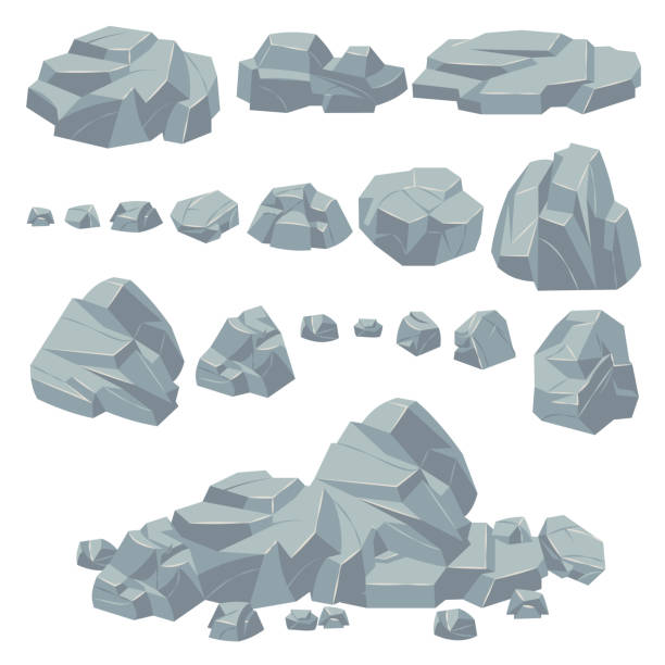 ilustrações de stock, clip art, desenhos animados e ícones de rock stones. natural stone rocks, massive boulders. granite cobble cliff and stone heap for mountain landscape. cartoon vector set - broken stones