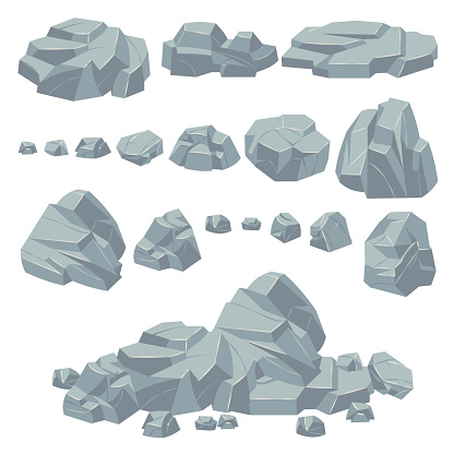 Rock stones. Natural stone rocks, massive boulders. Granite cobble cliff and stone heap for mountain landscape. Cartoon pile gravel object vector set