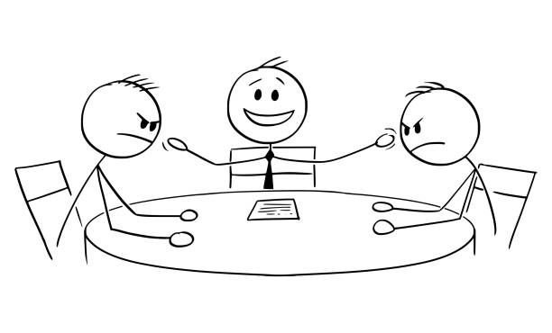 Vector Cartoon of Political Debate in Television with Host and Two Aggressive Guests or Opponents Vector cartoon stick figure drawing conceptual illustration of political debate in television with two aggressive guests or opponents and smiling host or presenter. political joke stock illustrations