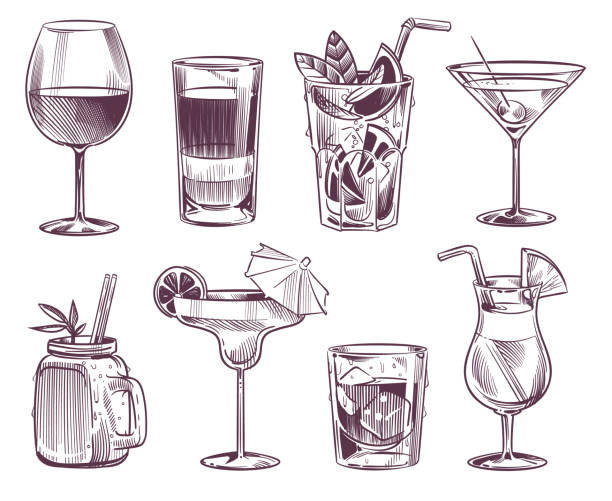 ilustrações, clipart, desenhos animados e ícones de coquetéis de esboço. cocktail desenhado mão e bebida do álcool, bebidas diferentes no vidro para o menu do restaurante do partido. jogo da ilustração do vetor - martini cocktail martini glass glass