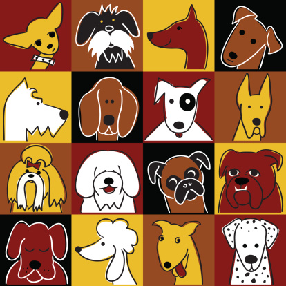 Editable vector illustrations of dogs. Each dog is grouped as a separate object. Colors can easily be changed.