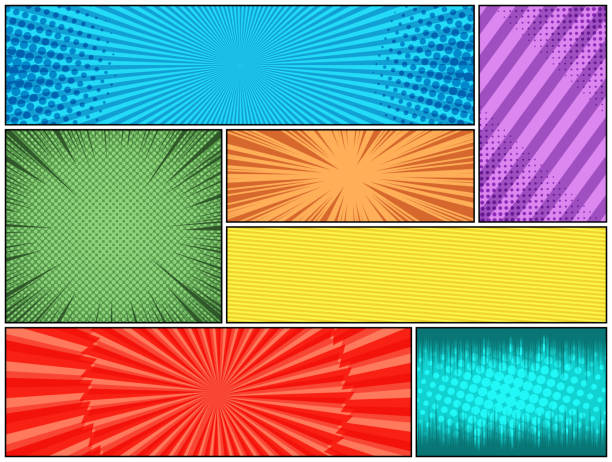 Comic book page colorful composition Comic book page colorful composition with radial slanted lines halftone rays dotted spiral humor effects. Vector illustration colorful page borders stock illustrations