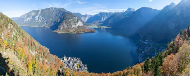Panoramic view of world famous UNESCO worldheritage site Hallstatt at Lake Hallstatt in Upper Austria. Many tourist visit this little village every year throughout all seasons.