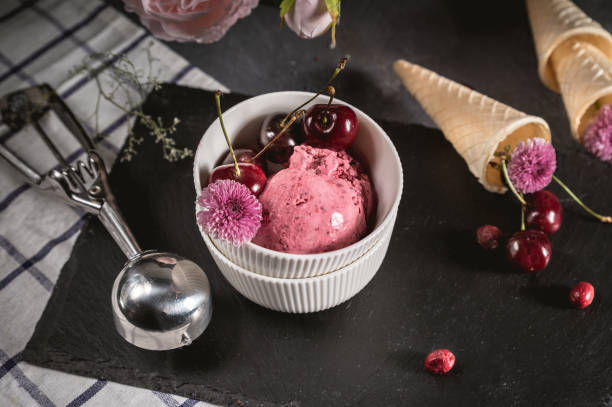 Homemade cherry ice cream stock photo