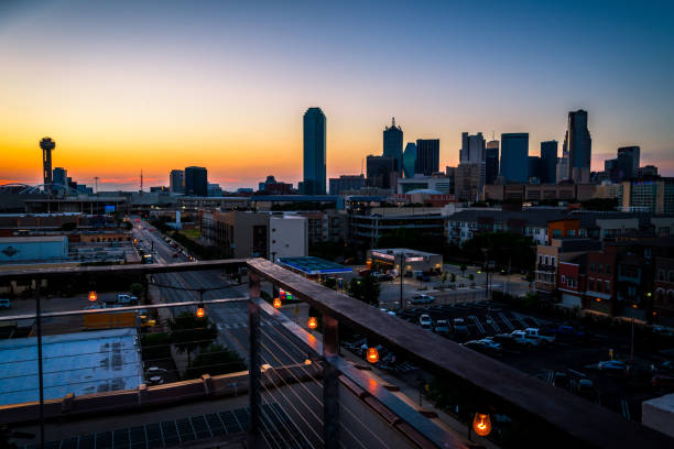 istock Party lights glow with illuminated Dallas Texas Skyline Cityscape 1159234436
