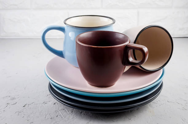 istock Set of clean tableware on  gray concrete background 1159235233