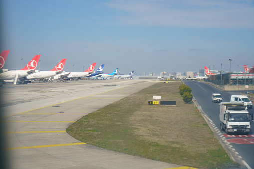 Istanbul, Turkey - 03 March 2019: One of the latest flights from Istanbul Atatürk Airport. As of 6 April 2019, the airport is open only for cargo, maintenance, general aviation, air taxis, business flights and state and diplomatic aircraft, while commercial passenger flights are all handled at the newly built Istanbul Airport.