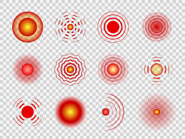 ilustrações de stock, clip art, desenhos animados e ícones de pain circles. red painful target spot, muscle and joint pain local spots. headaches, belly hurt or sound waves vector set - inflammation