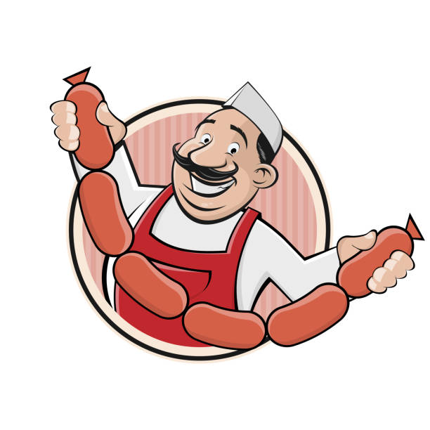 funny cartoon sign of a butcher with sausages vector art illustration