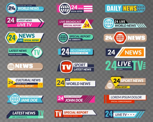 illustrazioni stock, clip art, cartoni animati e icone di tendenza di striscioni televisivi. interfaccia grafica di trasmissione, tv streaming titolo barra inferiore. set isolato di intestazione dello schermo del canale televisivo di notizie - braccio di mare immagine