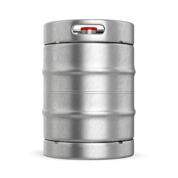 Metal beer keg isolated on white background Aluminium beer keg with red lid isolated on white background. 3D illustration barrel stock pictures, royalty-free photos & images