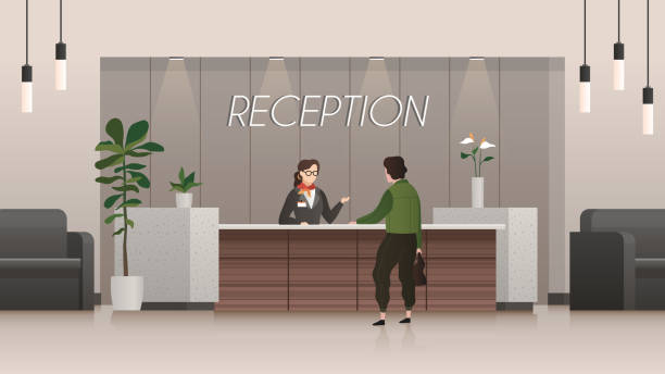 Reception service. Receptionist and customer in hotel lobby hall, people travelling. Business office flat vector concept Reception service. Receptionist and customer in hotel lobby hall, people travelling. Business office flat vector tourist talking executive standing visit friendly concept lobby office stock illustrations