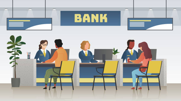 Bank office interior. Professional banking service, finance manager and clients. Credit, deposit consult management vector concept Bank office interior. Professional banking service, finance manager and clients. Credit, deposit consult management and counter serviced indoor payment cashier vector concept bank teller stock illustrations