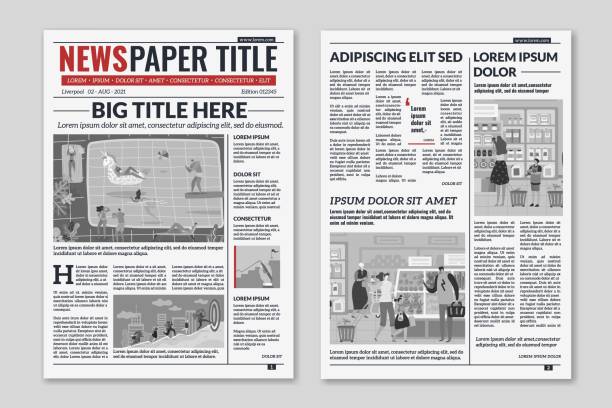 ilustrações de stock, clip art, desenhos animados e ícones de newspaper layout. news column articles newsprint magazine design. brochure newspaper sheets. editorial journal vector template - news magazine