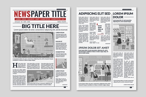 Newspaper layout. News column articles newsprint magazine design. Brochure newspaper sheets. Editorial journal vector press printwith abstract text and daily advertising construction template