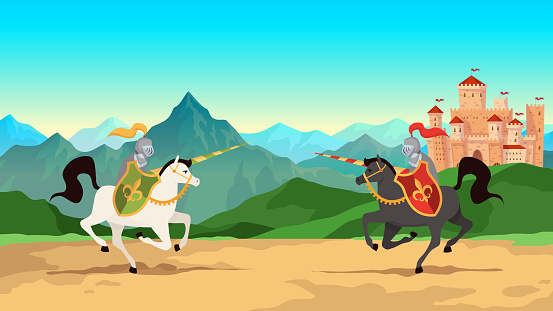 Knight tournament. Battle between medieval warriors in metal armour with lance weapons riding horses. Historical vector background