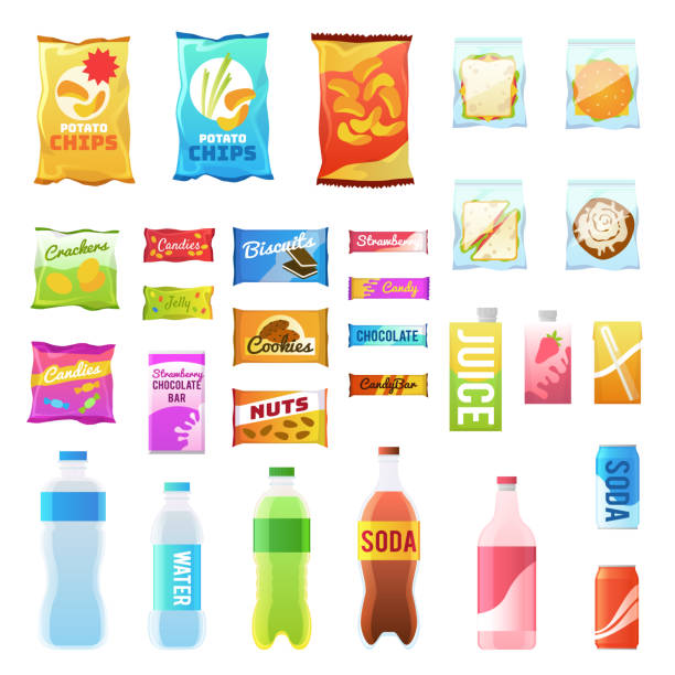 Product for vending. Tasty snacks sandwich biscuit candy chocolate drinks juice beverages pack retail, set flat vector icons Product for vending. Tasty snacks sandwich biscuit candy chocolate drinks juice beverages pack retail, set flat vector food in plastic container and box icons snack stock illustrations