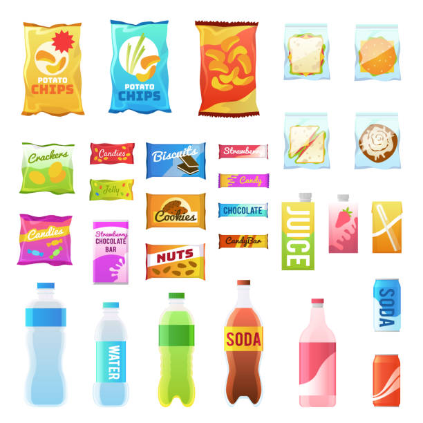Product for vending. Tasty snacks sandwich biscuit candy chocolate drinks juice beverages pack retail, set flat vector icons Product for vending. Tasty snacks sandwich biscuit candy chocolate drinks juice beverages pack retail, set flat vector food in plastic container and box icons candy stock illustrations