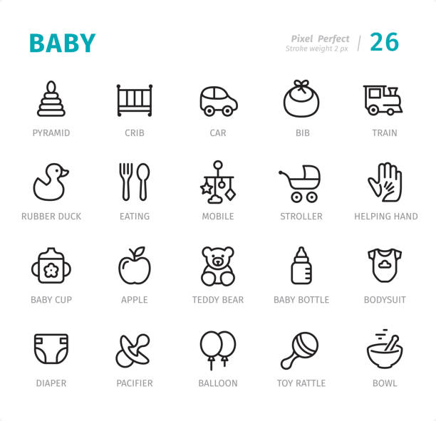 ilustrações de stock, clip art, desenhos animados e ícones de baby - pixel perfect line icons with captions - auto mobile