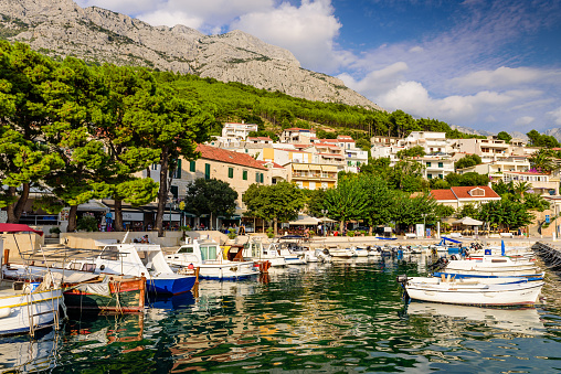 Brela, Croatia - September 14, 2018: cityscape of Brela, a popular tourist village on the Adriatic coast in Dalmatia region