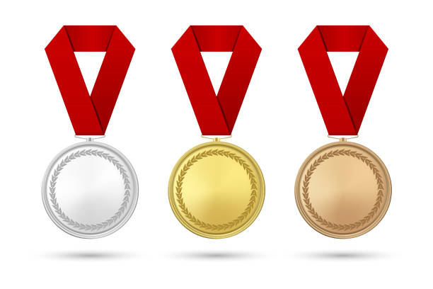 istock Vector 3d Realistic Gold, Silver and Bronze Award Medal Icon Set with Color Ribbons Closeup Isolated on White Background. The First, Second, Third Place, Prizes. Sport Tournament, Victory Concept 1159240496