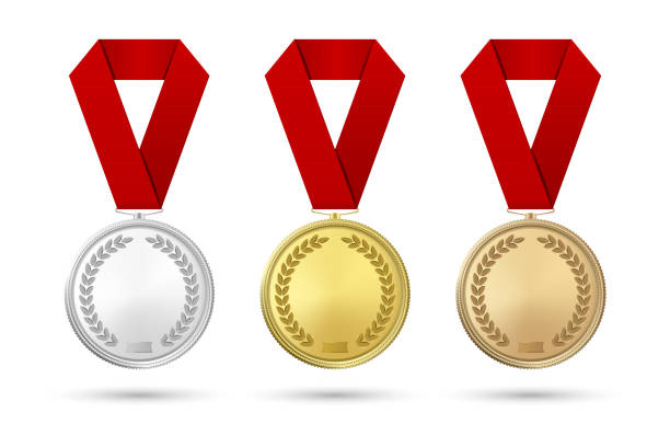 istock Vector 3d Realistic Gold, Silver and Bronze Award Medal Icon Set with Color Ribbons Closeup Isolated on White Background. The First, Second, Third Place, Prizes. Sport Tournament, Victory Concept 1159240499