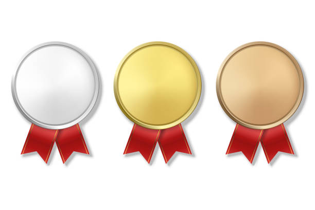istock Vector 3d Realistic Gold, Silver and Bronze Award Medal Icon Set with Color Ribbons Closeup Isolated on White Background. The First, Second, Third Place, Prizes. Sport Tournament, Victory Concept 1159240500