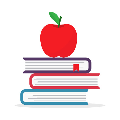 Back to school. Pile textbooks with apple. Vector illustration, isolated on white background
