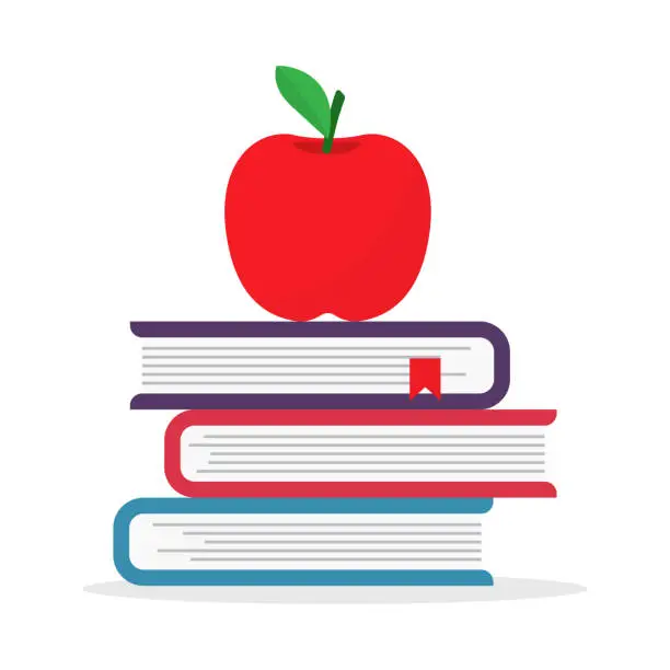 Vector illustration of Back to school. Pile textbooks with apple.