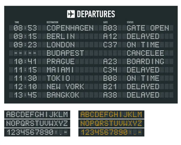 Vector illustration of Info of flight on the billboard in the airport. Airport terminal arrival and departure timetable, information board, display alphabet.