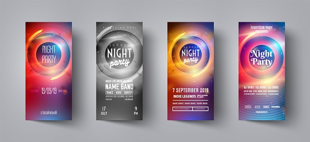 Night party flyer set. Festive banner concept. Discotheque flyer set. Vector modern festive leaflet. Minimal brochure layout. Vector illustration. Poster advertising design. Night party poster.